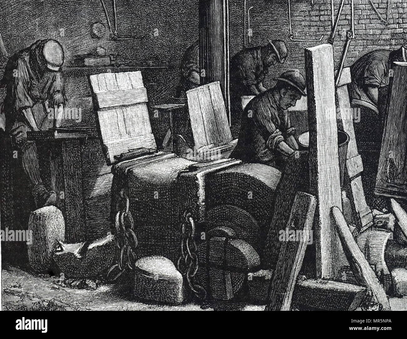 Gravure représentant la chambre de broyage dans une coutellerie de Sheffield. En date du 19e siècle Banque D'Images