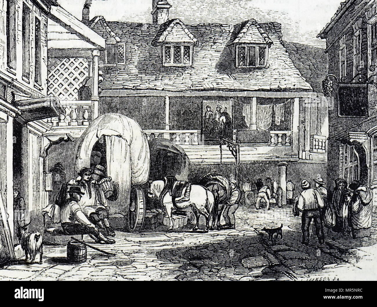 Gravure illustrant les familiales dans la cour de Talbot Inn, Southwark. En date du 19e siècle Banque D'Images