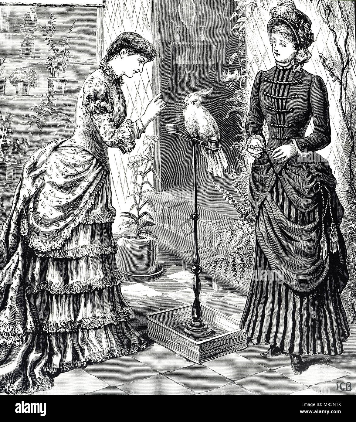 Gravure représentant deux jeunes filles câlinerie un cacatoès pet à parler. En date du 19e siècle Banque D'Images