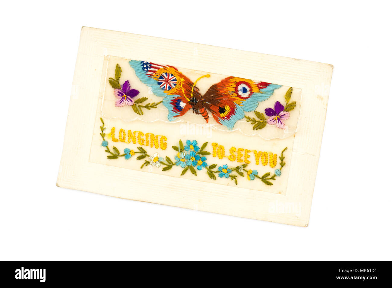 Première Guerre mondiale carte postale de soie brodée main 'envie de vous voir" - voir l'image MR61FC pour le message écrit au dos Banque D'Images