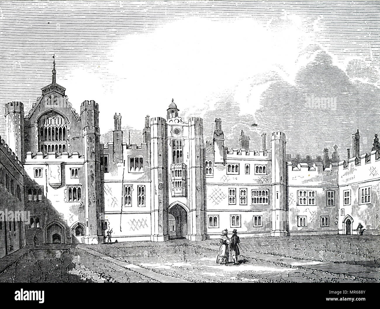Gravure représentant l'extérieur de l'établissement Hampton Court Palace, palais royal, dans le quartier de Richmond upon Thames, Londres, construit pour le Cardinal Thomas Wolsey. Le Cardinal Thomas Wolsey (1473-1530) un homme d'anglais, homme d'État et un cardinal de l'Église catholique. En date du 19e siècle Banque D'Images