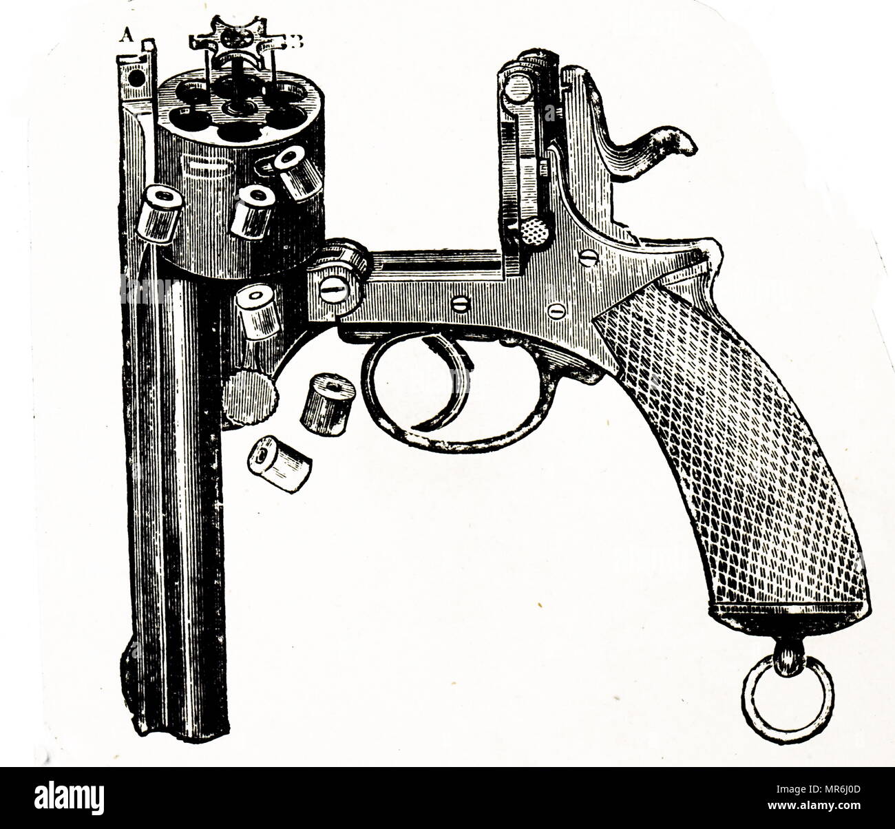 Gravure sur bois illustration montrant un revolver avec un extracteur. L'arme avait été rompu et le magazine enfoncée afin que l'extracteur pourrait rapidement s'effacer le passé. En date du 1895. Banque D'Images