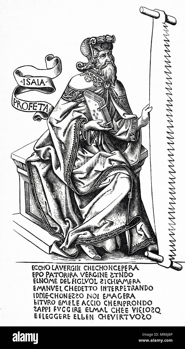 Gravure sur plaque de cuivre représentant le prophète Ésaïe montré tenant une scie, l'outil avec lequel il a été tué. En date du 19e siècle Banque D'Images