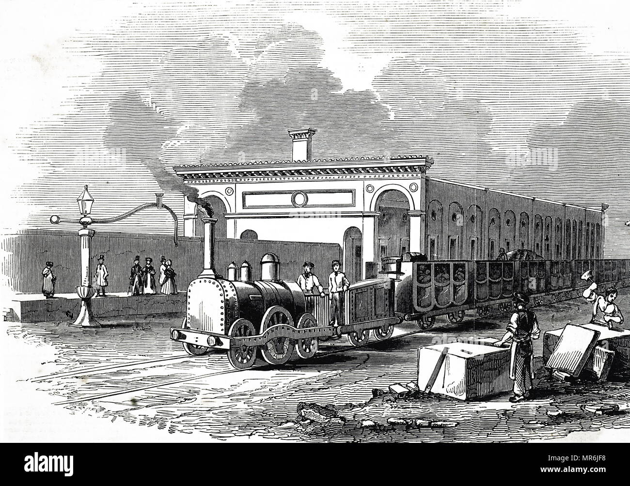 Gravure illustrant l'ouverture de la ligne Cambridge-Ely : Cambridge Station. En date du 19e siècle Banque D'Images