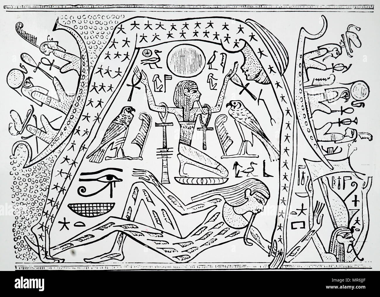 Le Papyrus Greenfield illustrant la déesse de l'Égypte ancienne, la déesse de l'écrou du ciel, debout sur les mains et pieds, représentant le ciel, le dieu inclinables Qeb ci-dessous représente la terre, avec le dieu, représentant permanent de l'USD l'air, avec un dieu à tête de bélier sur chaque côté. En date du 10e siècle avant J.-C. Banque D'Images