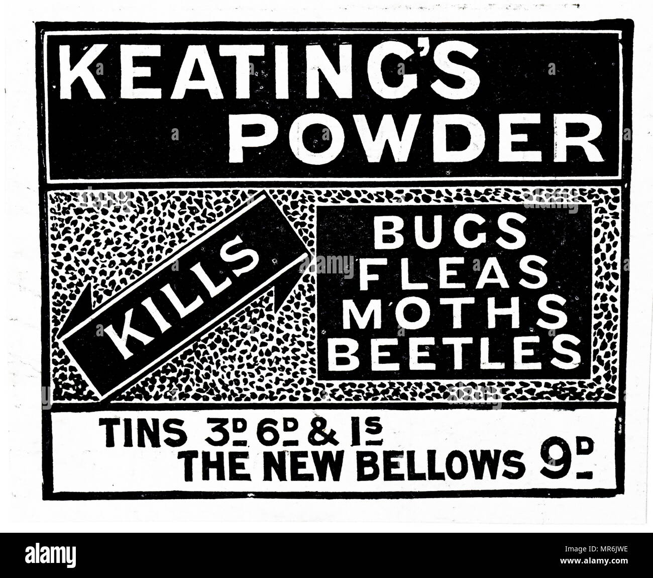 Publicité pour Keating a Poudre pour tuer les insectes, puces, mites, les coléoptères et autres insectes. En date du 20e siècle Banque D'Images