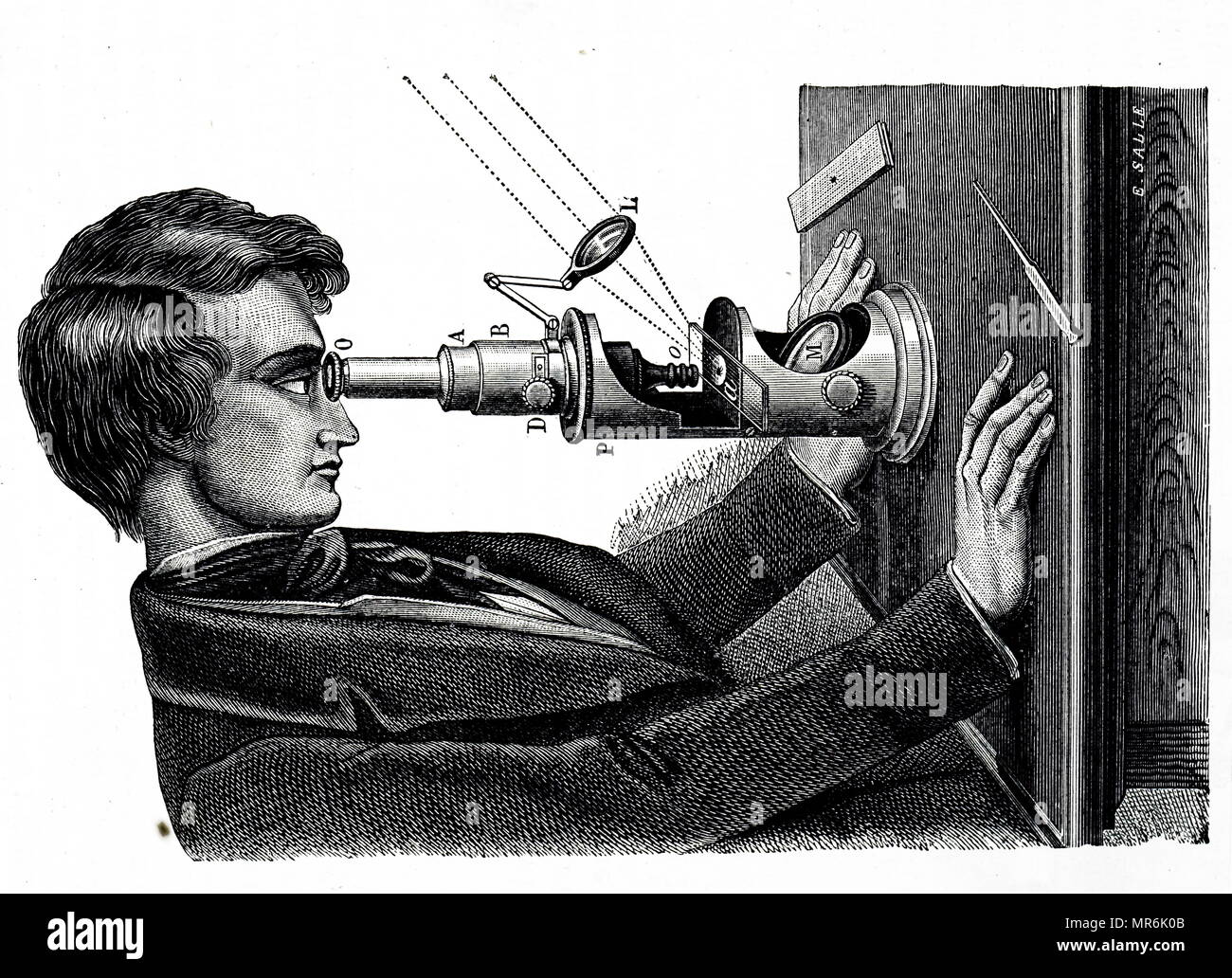 Gravure illustrant l'utilisation d'un microscope composé. L'objectif fixé à la loupe concentre la lumière sur de la platine du microscope. En date du 19e siècle Banque D'Images