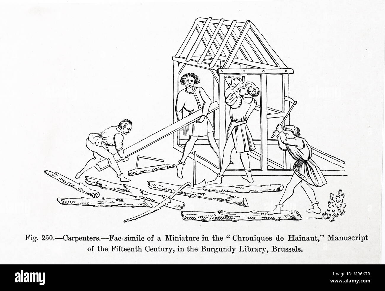 La gravure sur bois illustrant les charpentiers l'érection d'un bâtiment. En date du 15e siècle Banque D'Images