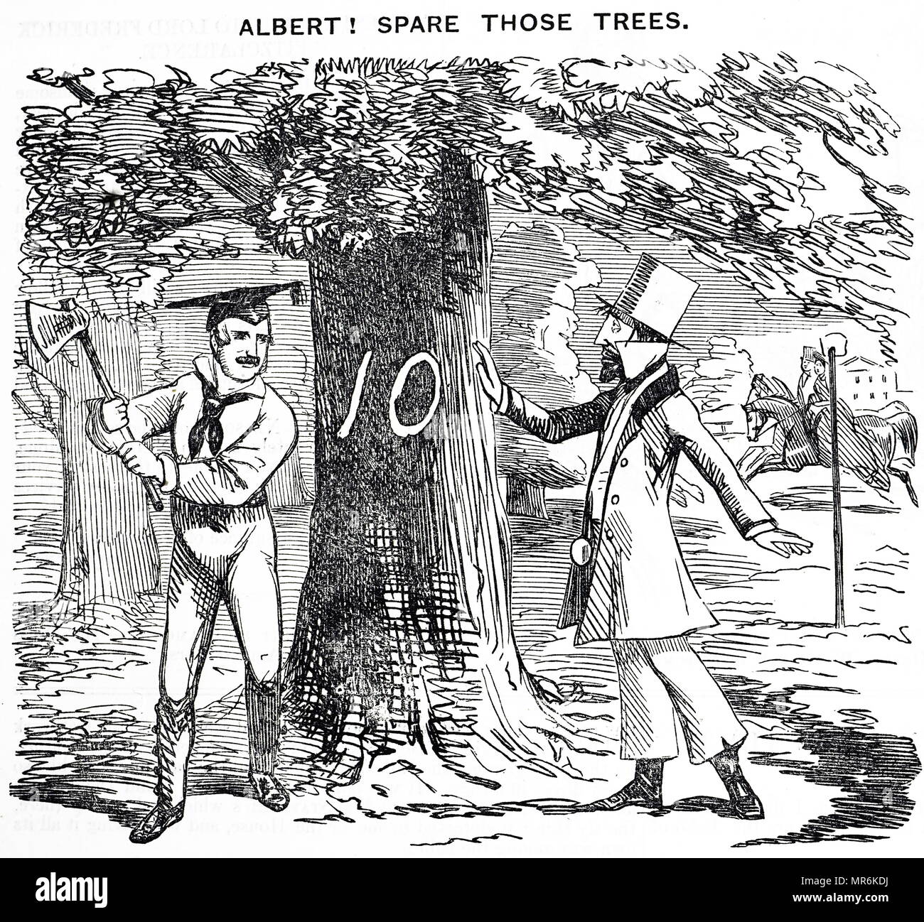 Caricature représentant le Prince Albert est instamment demandé de réfléchir avant d'abattre des arbres dans la région de Hyde Park pour faire place au Crystal Palace et l'Exposition Universelle de 1851. En date du 19e siècle Banque D'Images