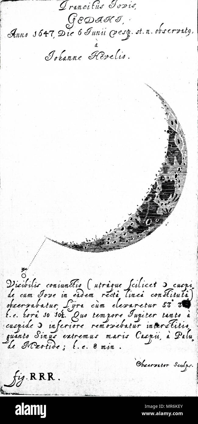 Gravure illustrant l'observation Johannes Hevelius de l'occultation de Jupiter par la lune. Johannes Hevelius (1611-1687), un astronome. En date du 17e siècle Banque D'Images