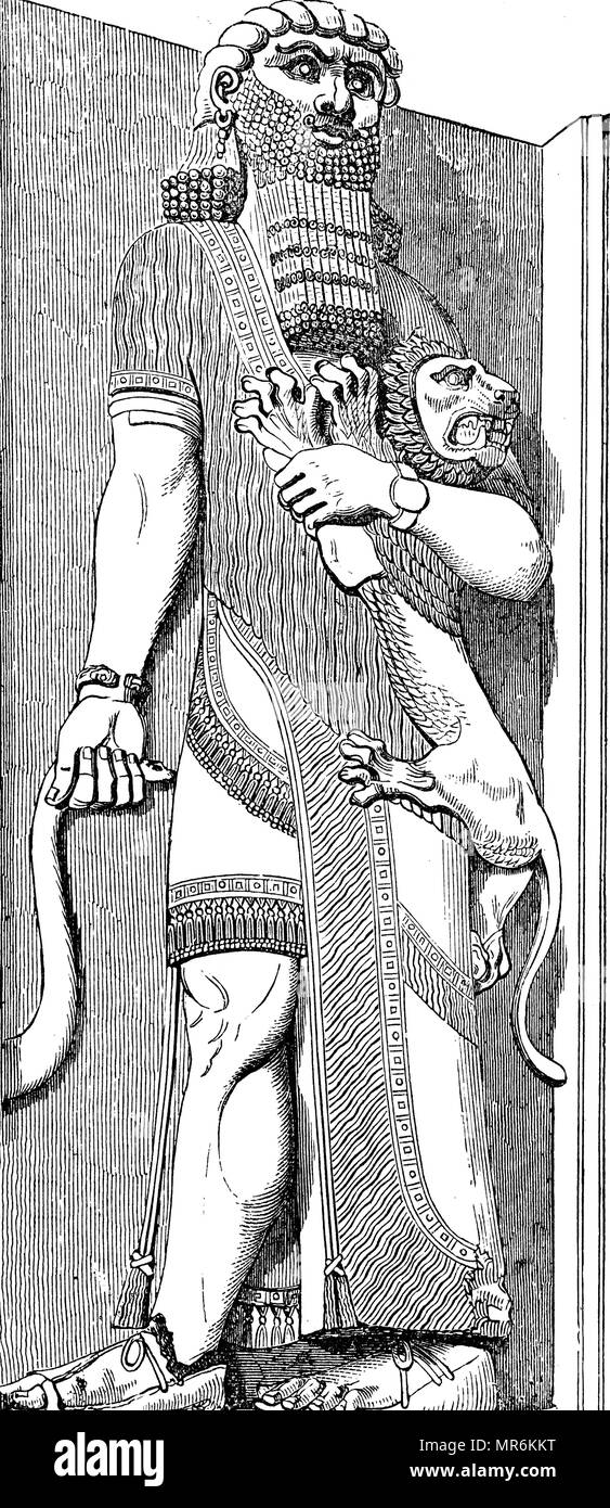 Gravure illustrant le grand hunter Nimrod, de l'Assyrien mythologie, montré tenant un boomerang dans sa main droite, tenant un lion sur sa gauche. En date du 19e siècle Banque D'Images