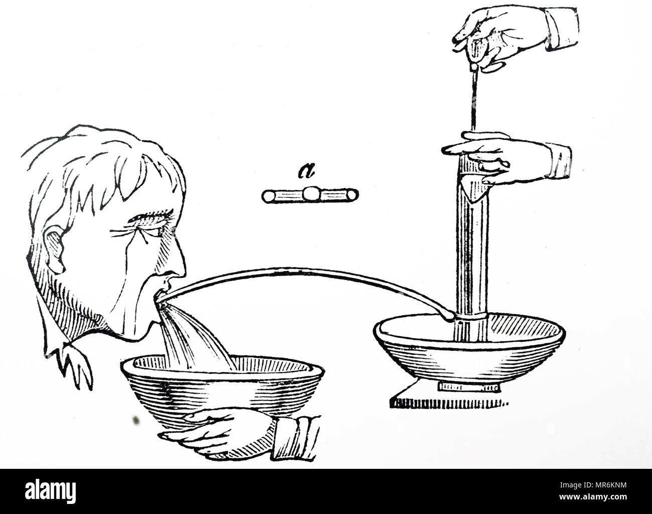 Diagramme illustrant une pompe à seringue utilisée pour aider les victimes d'empoisonnement. En date du 19e siècle Banque D'Images