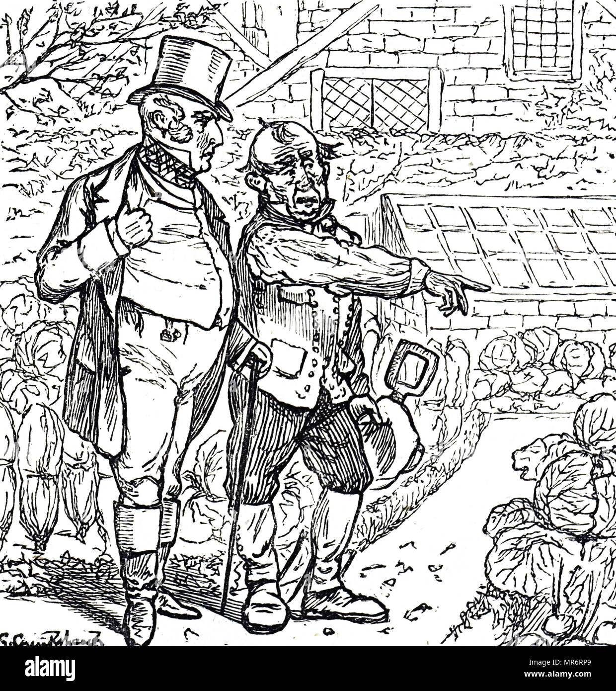Caricature montrant un homme avec le jardinier dans le potager. Illustré par George du Maurier (1834-1896), un caricaturiste franco-britannique et l'auteur. En date du 19e siècle Banque D'Images