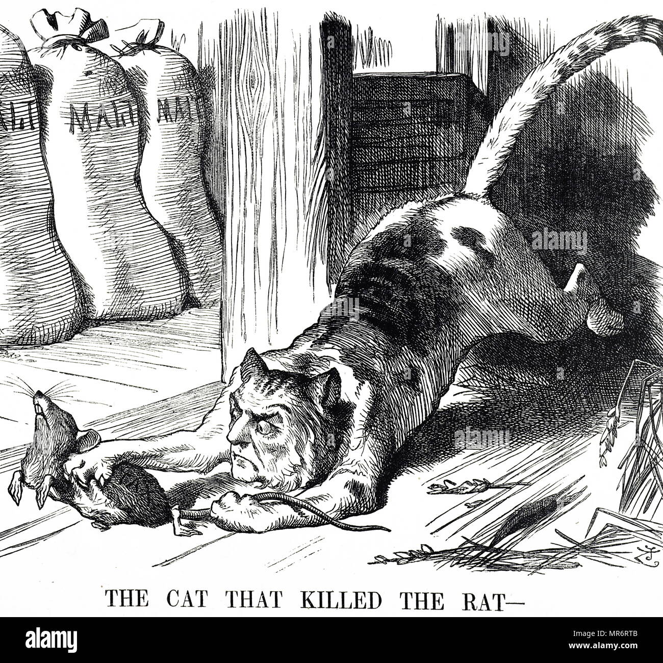 Commentaires sur le dessin animé l'abolition de l'impôt de malt en 1880. William Ewart Gladstone est dépeint comme un chat qui a tué le rat (l'impôt). William Ewart Gladstone (1809-1898) un homme d'État britannique du parti libéral qui a servi comme Premier ministre de Grande-Bretagne. Illustré par John Tenniel (1820-1914), un illustrateur anglais, graphique, humoriste et caricaturiste politique. En date du 19e siècle Banque D'Images