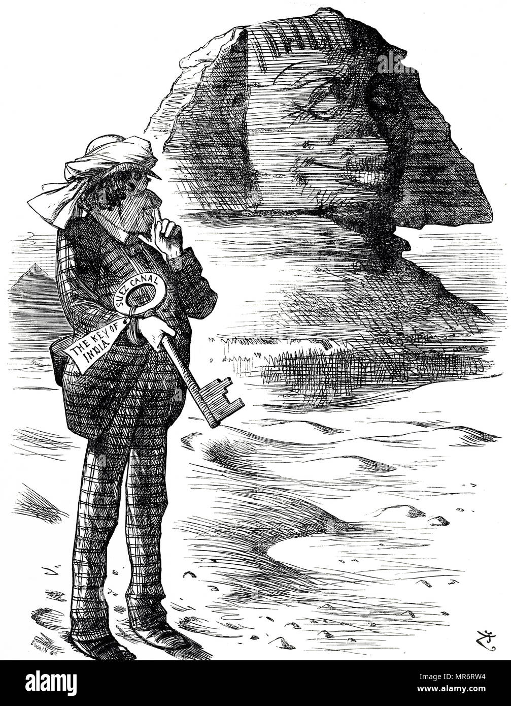 Caricature montrant le Premier Ministre Benjamin Disraeli maintenant le canal de Suez est la clé de la possession et de l'influence britannique en Inde. John Tenniel (1820-1914), un illustrateur anglais, graphique, humoriste et caricaturiste politique. En date du 19e siècle Banque D'Images