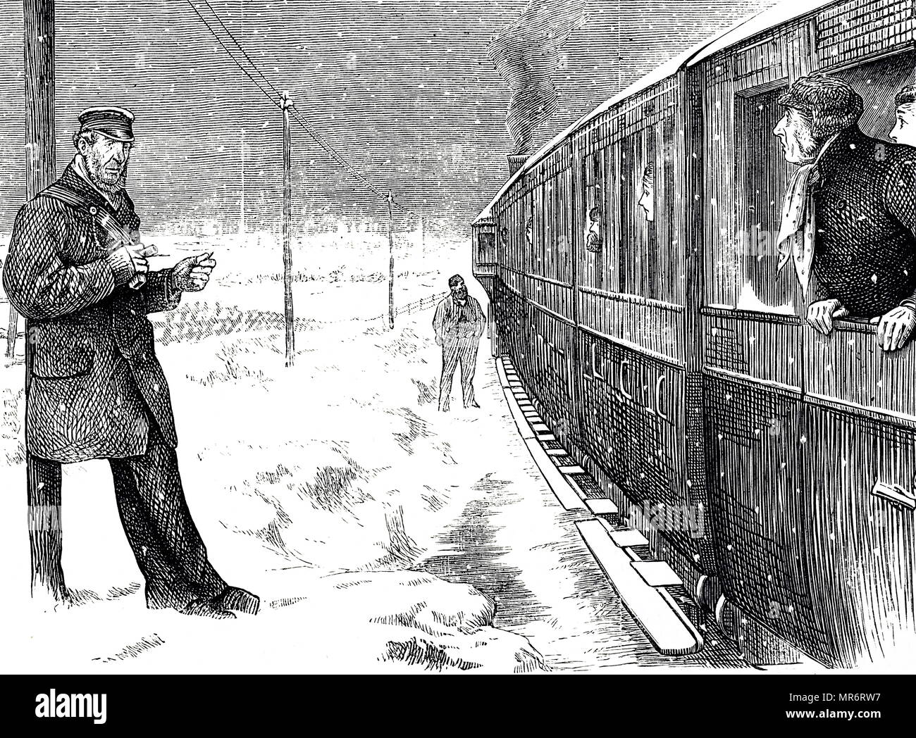 Caricature montrant un train échoué en raison de mauvaises conditions météorologiques. En date du 19e siècle Banque D'Images