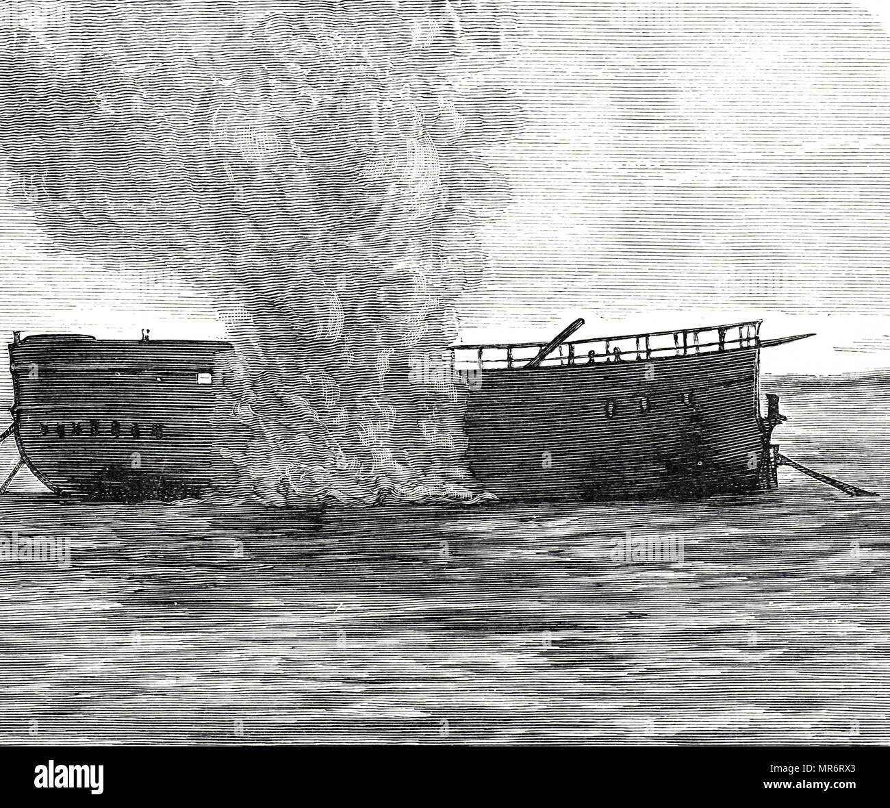 Gravure illustrant une expérience impliquant des torpilles à tête blanche. En date du 19e siècle Banque D'Images