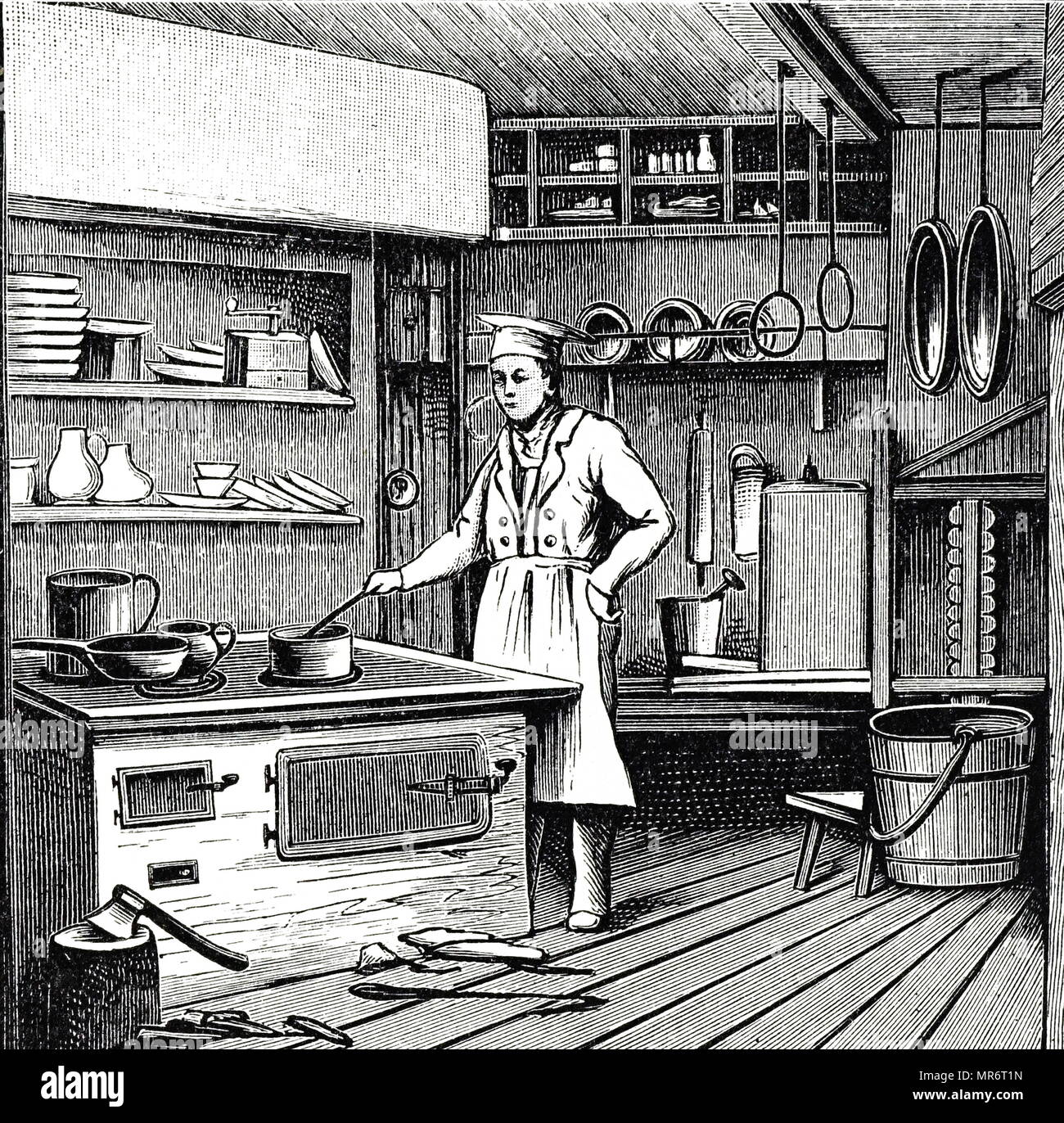 Gravure illustrant la cuisine de l'Orient Express. En date du 19e siècle Banque D'Images