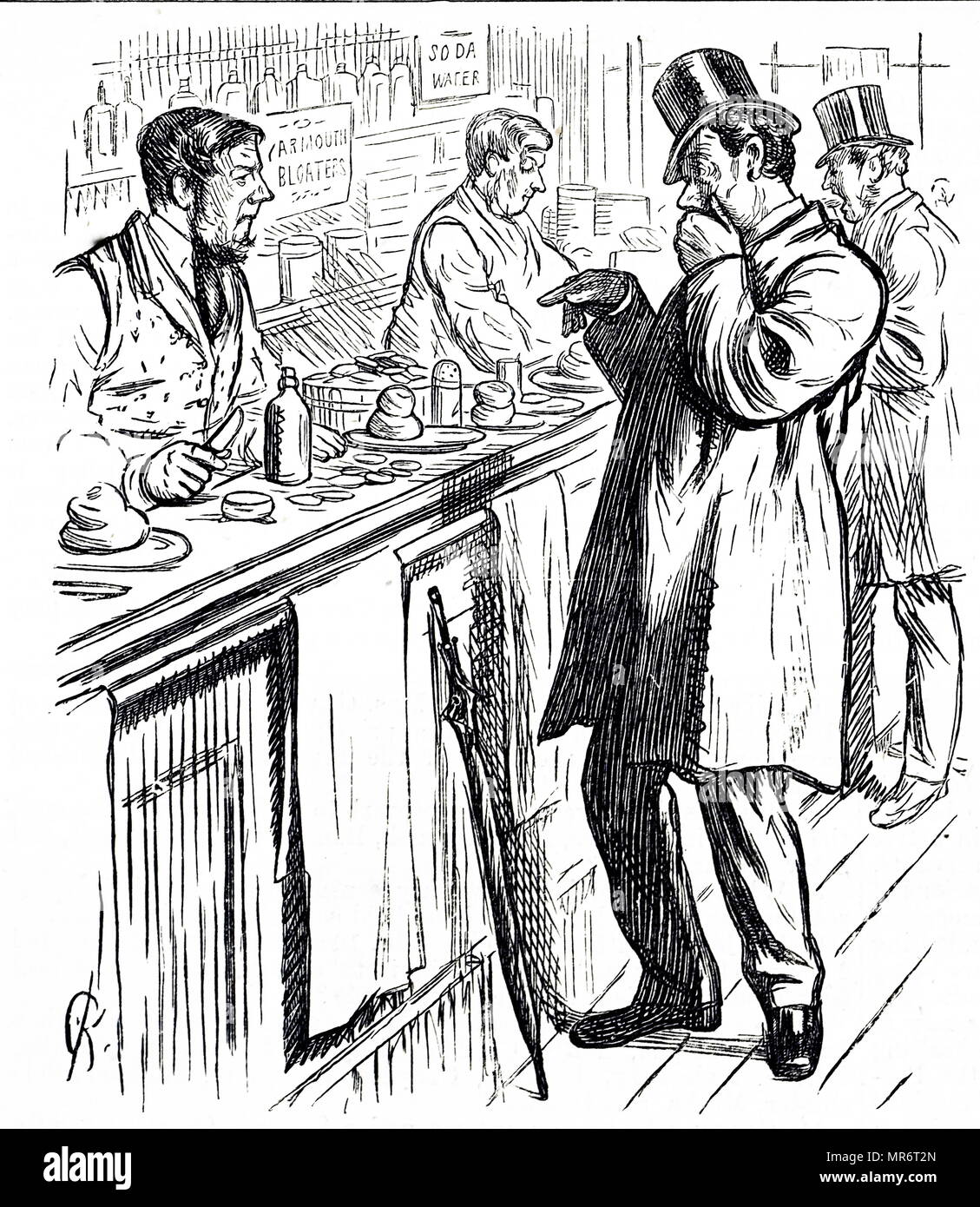 Caricature montrant un homme, souffrant d'une intoxication alimentaire, demande au pharmacien d'un remède. En date du 19e siècle Banque D'Images