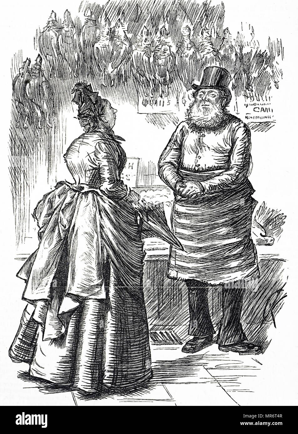 Caricature montrant une femme parlant à son boucher. En date du 19e siècle Banque D'Images