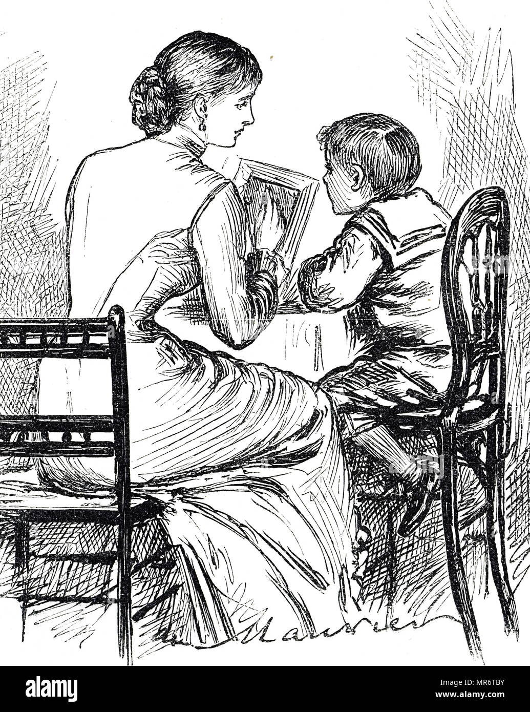 Gravure représentant un enfant qui apprend à utiliser un écrit de l'ardoise. En date du 19e siècle Banque D'Images