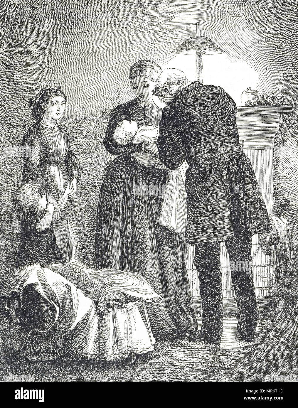 Gravure représentant un médecin examine un bébé avec la rougeole. Une attaque par le virus de la rougeole fait un patient vulnérable aux infections secondaires, et la mort de complications, comme la pneumonie, la rougeole fait une dangereuse maladie infantile. Dans les temps modernes, l'utilisation d'antibiotiques bien qu'inefficace contre l'infection virale initiale, réduit les dangers de l'infections secondaires. L'Illustre Mary Ellen Edwards (1838-1934) Un artiste prolifique et l'Angleterre d'illustrateur de livres pour enfants. En date du 19e siècle Banque D'Images