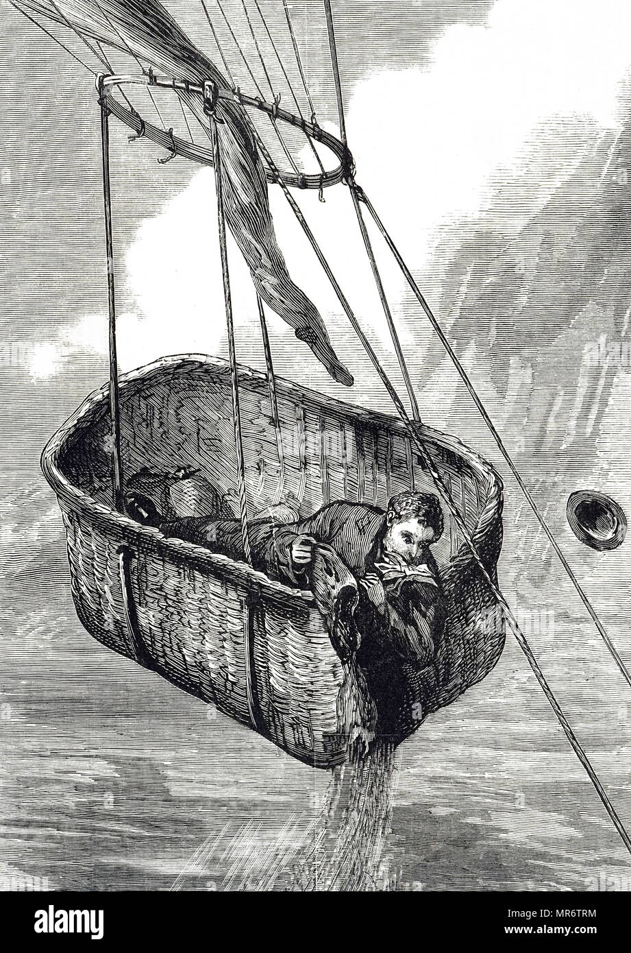 Gravure représentant un homme ayant des difficultés lors d'un vol en ballon. En date du 19e siècle Banque D'Images