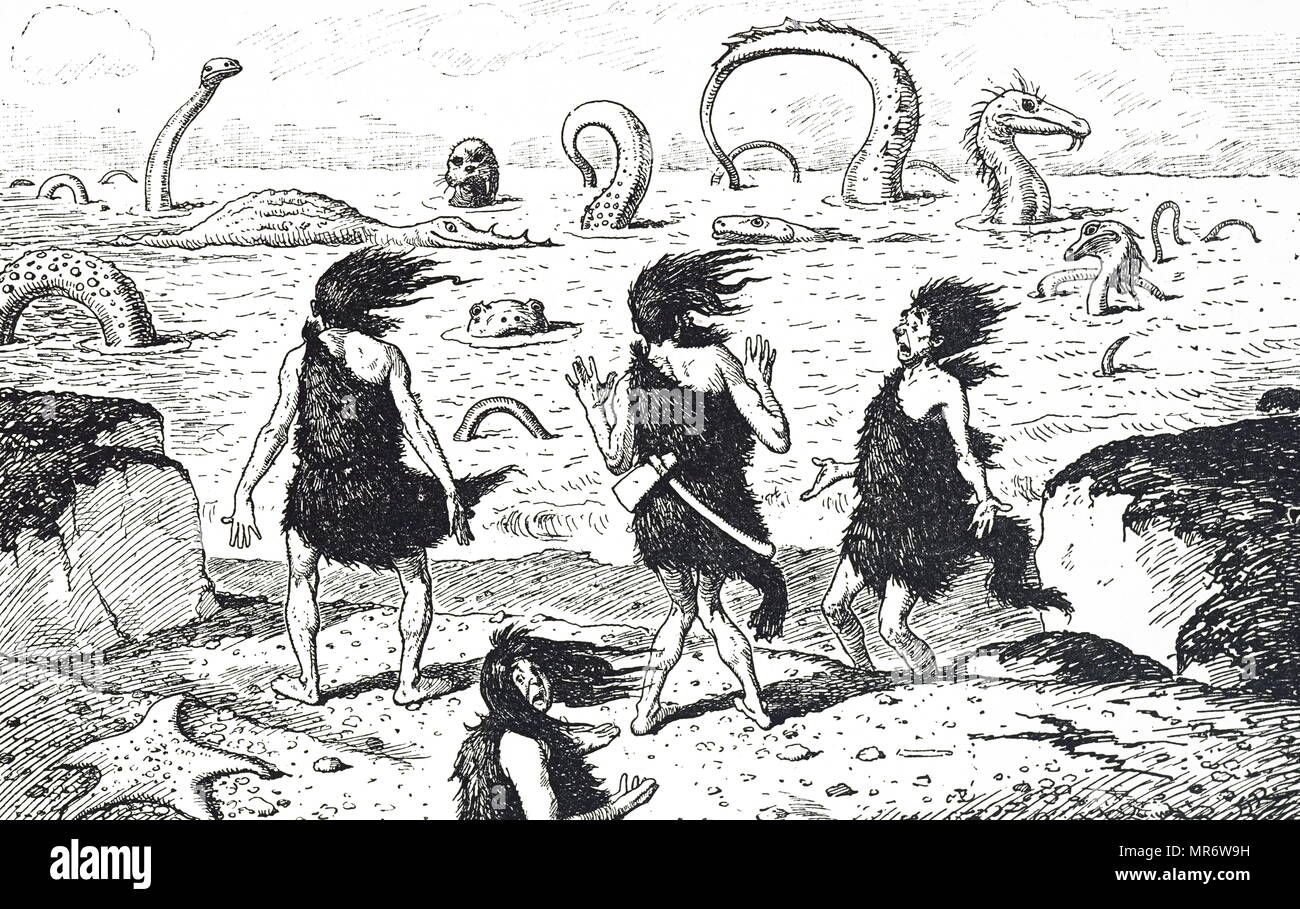 Caricature montrant les dinosaures voraces rôdant dans l'eau. En date du 19e siècle Banque D'Images