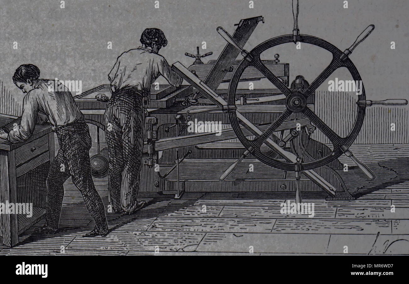 Gravure représentant une presse lithographique, une méthode d'impression à l'origine basé sur l'immiscibilité d'huile et d'eau. En date du 19e siècle Banque D'Images