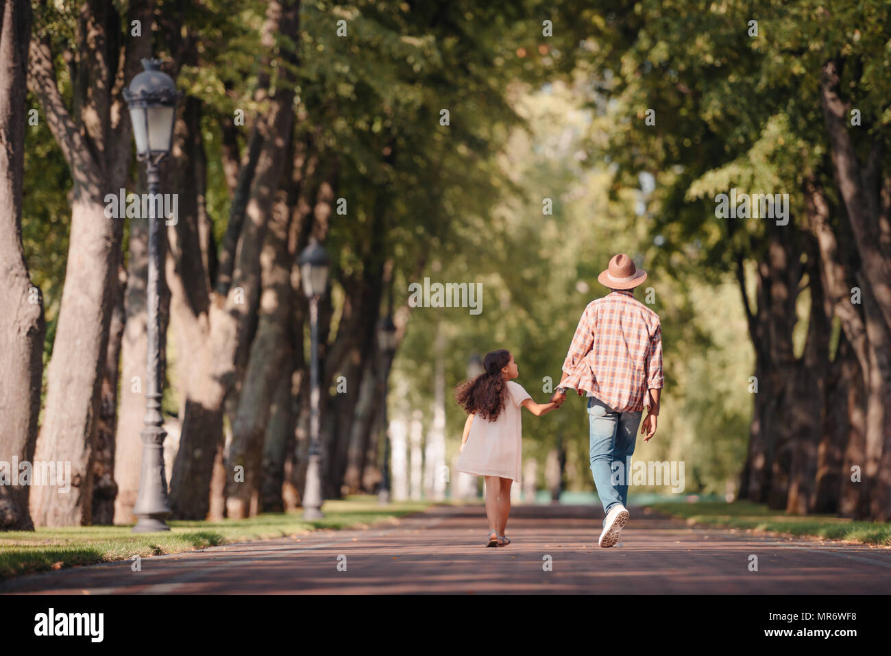 Vue arrière de l'african american girl holding hands avec grand-père et walking in park Banque D'Images
