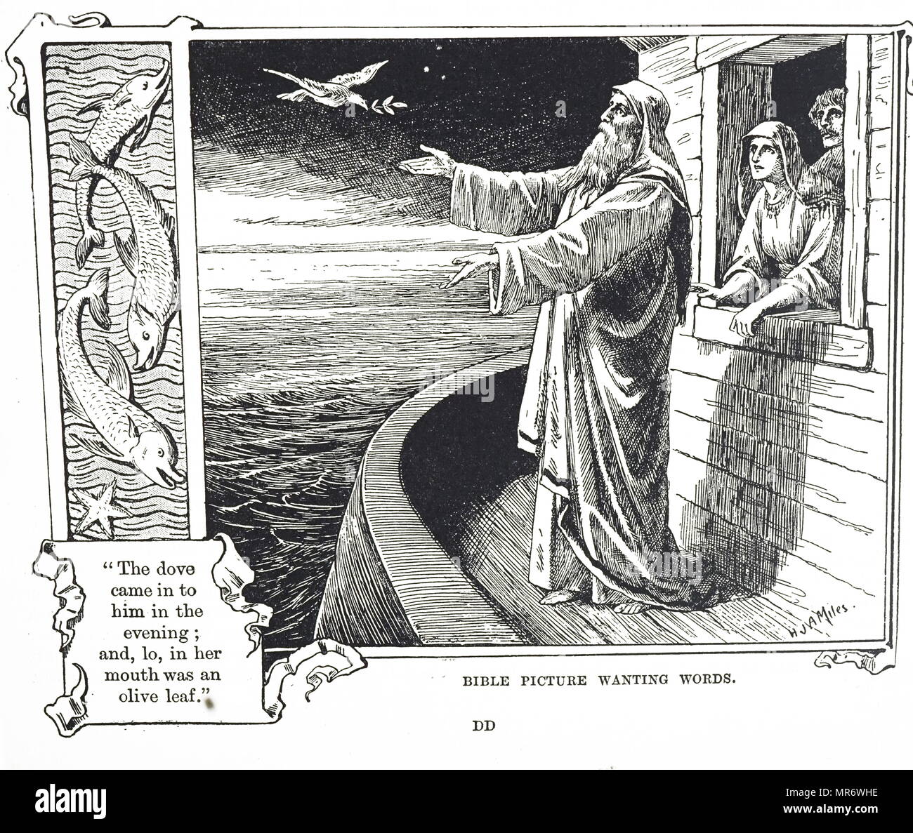 Gravure représentant la colombe de retourner à Noé et l'arche, avec la branche d'olivier. En date du 20e siècle Banque D'Images