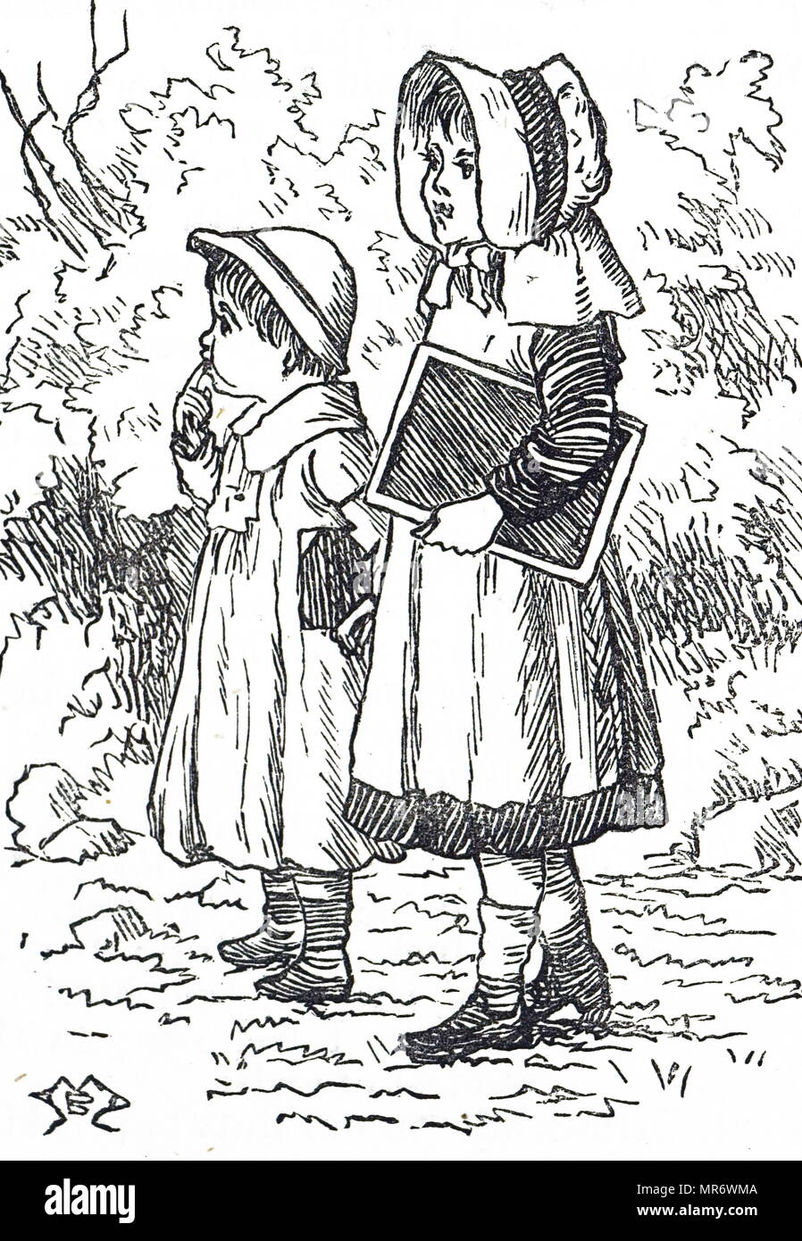 Gravure représentant une petite fille portant son écrit l'ardoise à l'école. En date du 19e siècle Banque D'Images