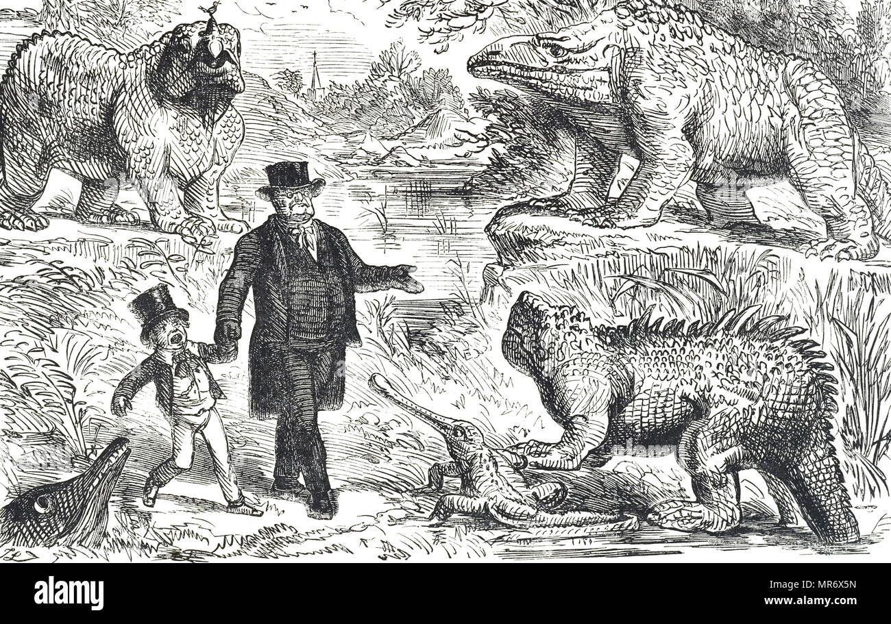 Caricature montrant des aspects de la Waterhouse Hawkins's models de dinosaures dans les motifs de la Crystal Palace. Illustré par John Leech (1817-1864), un caricaturiste et illustrateur français. En date du 19e siècle Banque D'Images