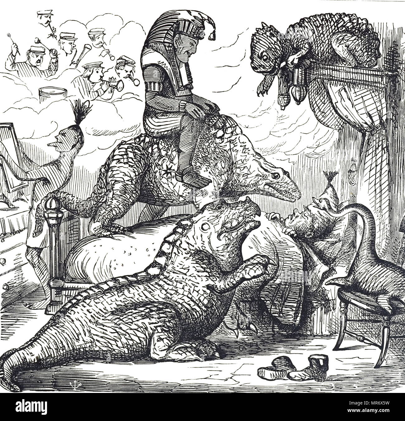 Caricature montrant des aspects de la Waterhouse Hawkins's models de dinosaures dans les motifs de la Crystal Palace. Illustré par John Leech (1817-1864), un caricaturiste et illustrateur français. En date du 19e siècle Banque D'Images