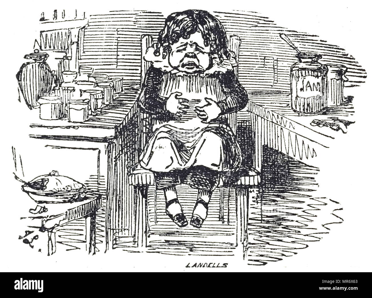 Caricature montrant l'inconfortable résultats de la gourmandise. En date du 19e siècle Banque D'Images