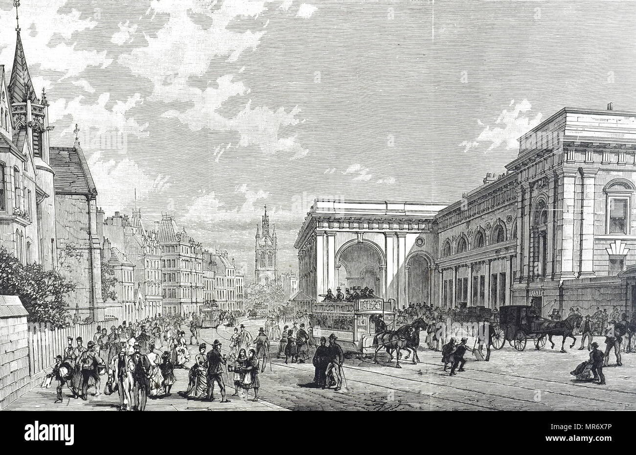 Gravure représentant une scène de rue à Newcastle upon Tyne au cours du xixe siècle. Les tramways à chevaux sont visibles à l'extérieur de la gare centrale. En date du 19e siècle Banque D'Images