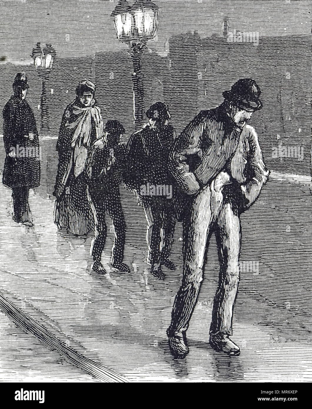 Gravure représentant les sans-abri les Londoniens d'être déplacé sur' par la police sur le pont de Westminster. En date du 19e siècle Banque D'Images