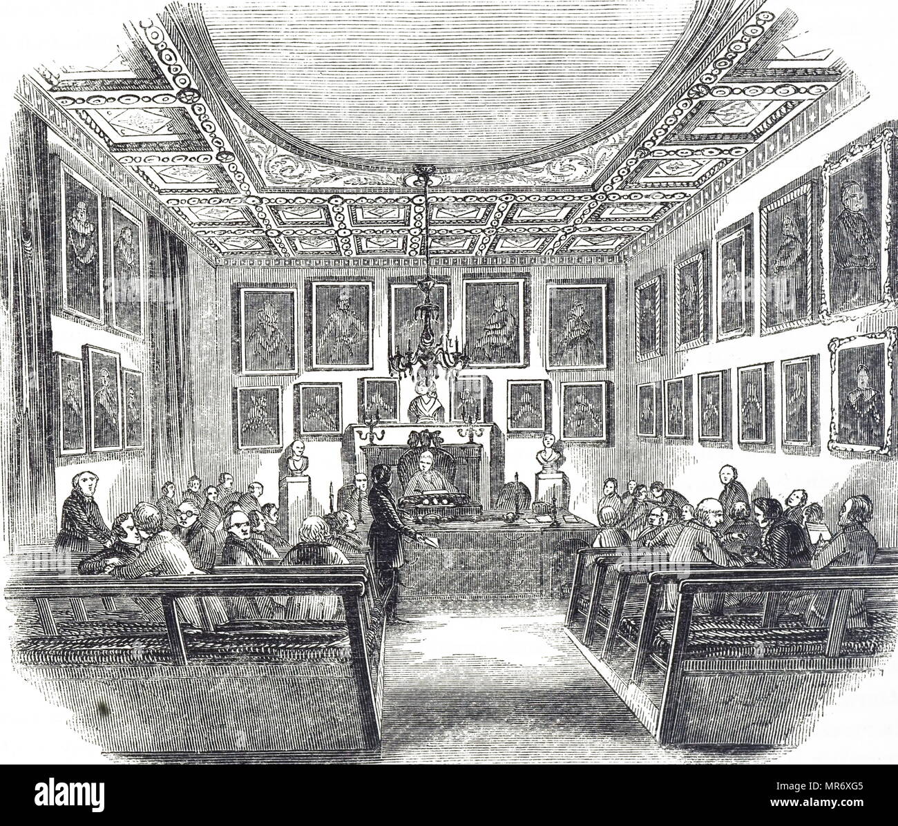 Gravure représentant une réunion de la Royal Society à Somerset House, Londres. En date du 19e siècle Banque D'Images