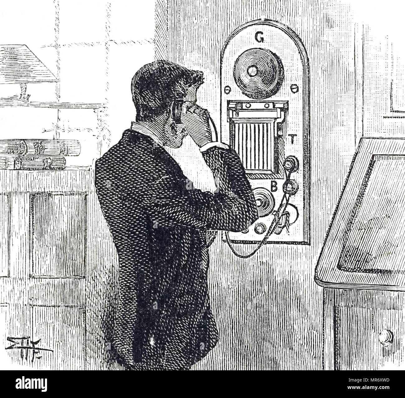 Gravure représentant Alan Archibald Campbell-Swinton's téléphone. Alan Archibald Campbell-Swinton (1863-1930) Un ingénieur électrique de consultation. En date du 19e siècle Banque D'Images