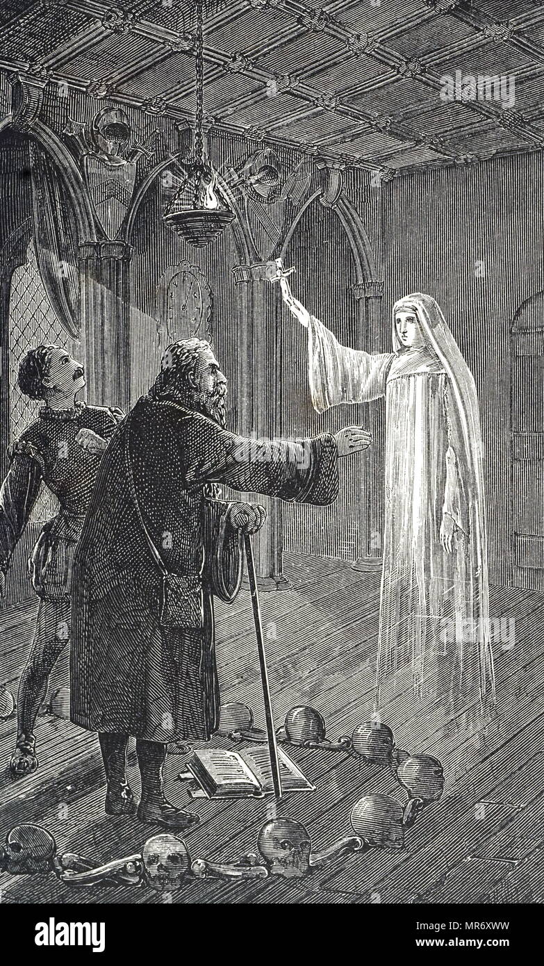 Gravure représentant Pepper's Ghost, une illusion technique utilisée dans le théâtre, les parcs, les musées, la télévision, et des concerts. Nommé d'après John Henry Poivre (1821-1900), un scientifique britannique et inventeur. En date du 19e siècle Banque D'Images