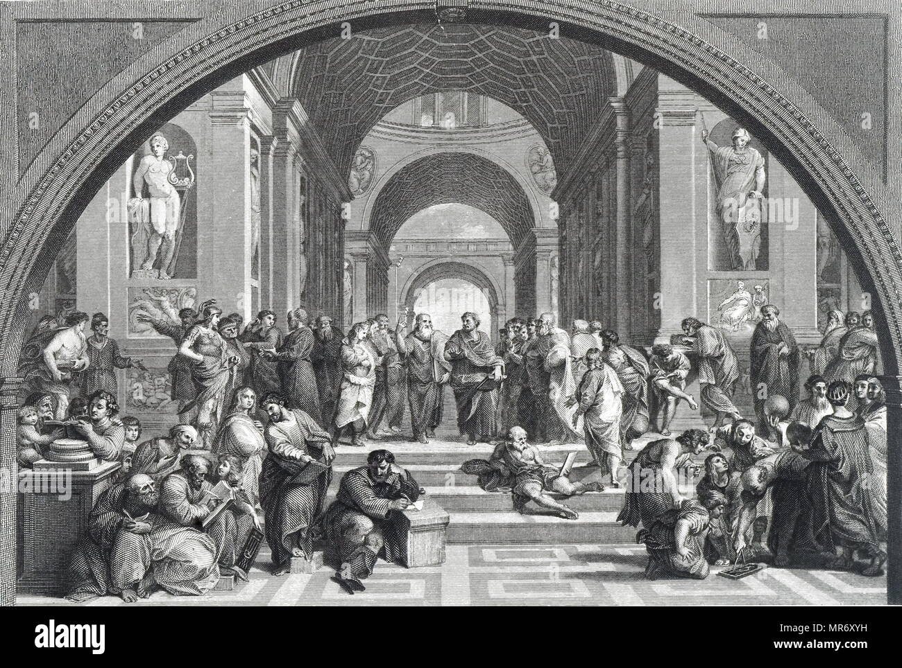 Gravure représentant le 'l'École d'Athènes" après la fresque de Raphaël. Raphael (1483-1520) un peintre et architecte italien de la haute Renaissance. En date du 19e siècle Banque D'Images