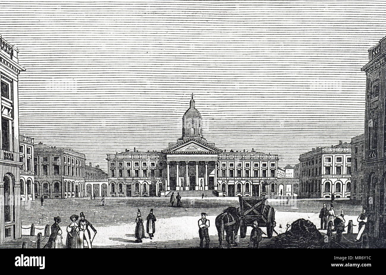 Gravure illustrant le Palais Royal de Bruxelles, le palais du Roi et Reine des Belges dans le centre de la capitale du pays, Bruxelles. En date du 19e siècle Banque D'Images