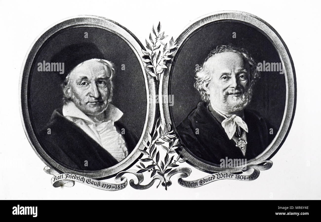 Portraits de Carl Friedrich Gauss et Wilhelm Eduard Weber. Carl Friedrich Gauss (1777-1855), un mathématicien allemand. Wilhelm Eduard Weber (1804-1891) Physicien allemand et, avec Gauss, inventeur du premier télégraphe électromagnétique. En date du 19e siècle Banque D'Images