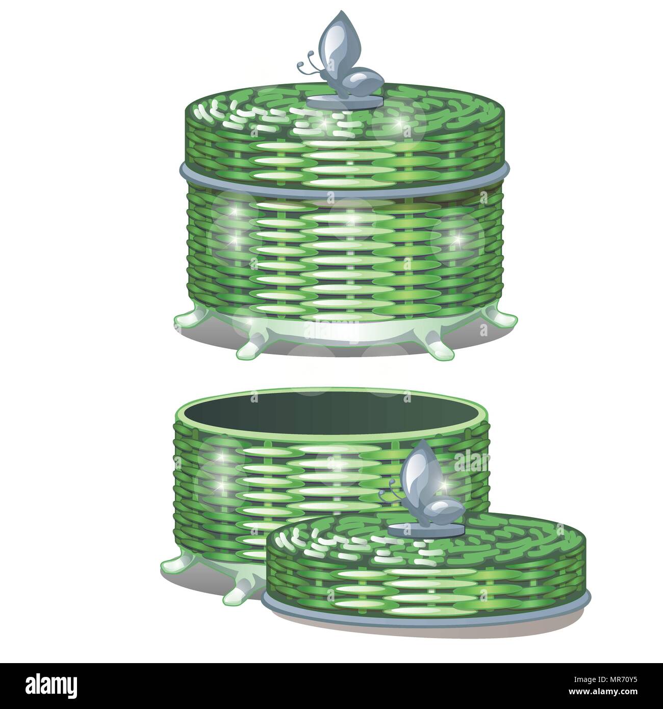 Ensemble de paniers en osier rond avec couvercle. Vector illustration. Illustration de Vecteur