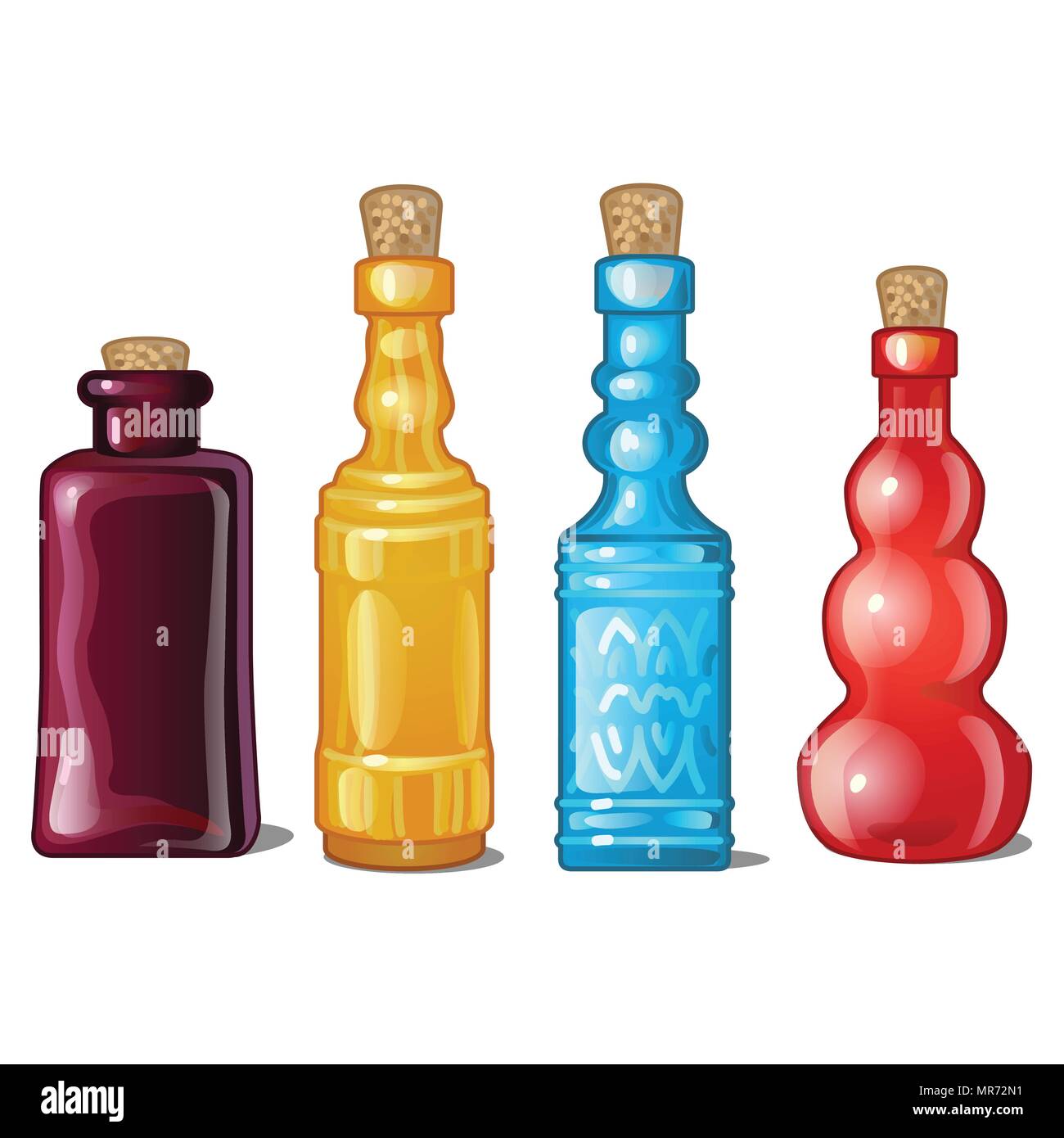 Un ensemble de bouteilles colorées en verre avec encoches. Vector illustration. Illustration de Vecteur