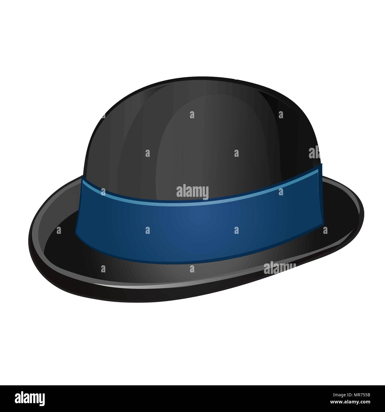 Un chapeau melon noir élégant avec du ruban bleu isolé sur un fond blanc. Vector illustration. Illustration de Vecteur