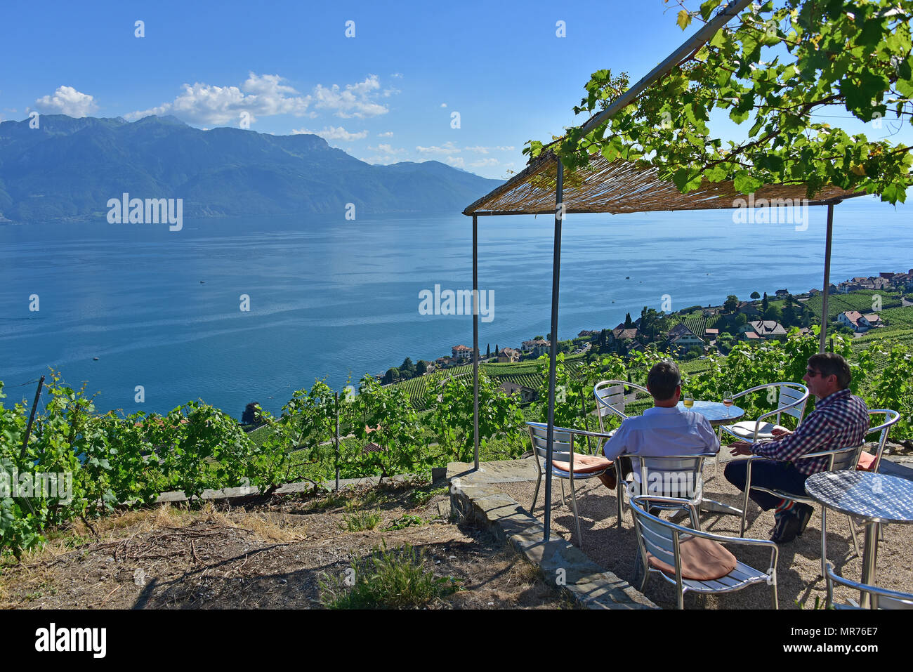 Deux patrons bénéficiant d''un verre de vin et vue sur le Lac Léman, Chexbres, Suisse Banque D'Images