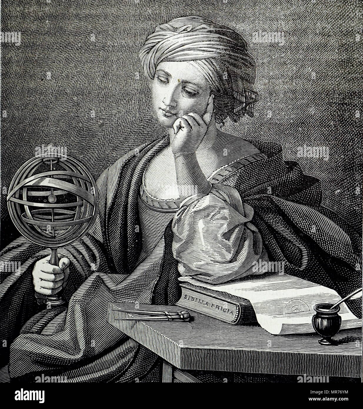 Gravure représentant une figure allégorique représentant l'astronomie montré tenant une sphère armillaire. En date du 19e siècle Banque D'Images