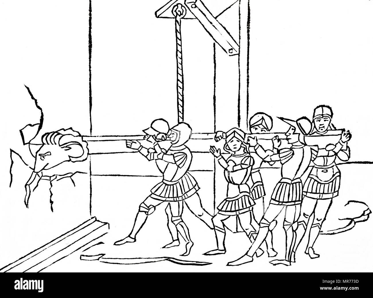 Gravure sur bois représentant un bélier soutenu par une poutre. Cette conception pourrait bénéficier de bien plus grand élan d'un simplement montés sur les épaules des troupes. En date du 19e siècle Banque D'Images