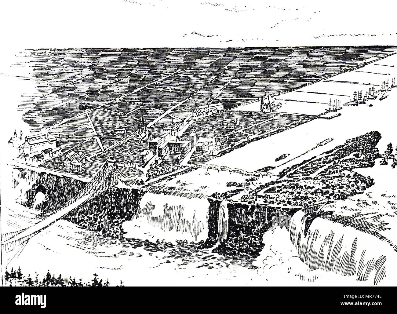 Gravure représentant une vue d'ensemble des Chutes du Niagara, montrant les quais et les usines, etc. Un programme mis de l'avant d'exécuter un tunnel 10m de diamètre de la base des chutes américaines à un point 1 ou 2 kilomètres sur la rivière la finition 30m sous la surface. L'eau de rivière en tunnel serait suffisamment en tête pour conduire dynamos, 1 millions prévu. hp En date du 19e siècle Banque D'Images